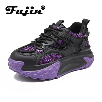 Fujin 6 см, кроссовки на танкетке из натуральной кожи и синтетической платформы, разноцветные повседневные удобные весенне-осенние женские туфли на скрытом каблуке