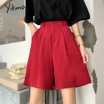 красные шорты женские свободные с высокой талией, широкие однотонные harajuku, Новые Прямые летние корейские модные черные шорты с эластичной талией