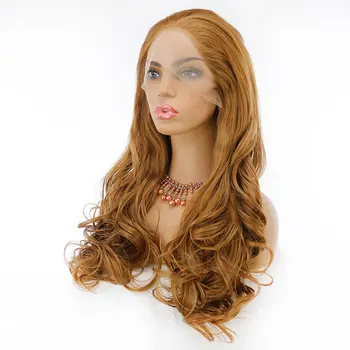 Синтетический парик на кружеве золотисто-коричневого цвета с объемной волной, термостойкие волокнистые волосы, натуральная линия роста волос, свободный пробор для афроамериканских женщин