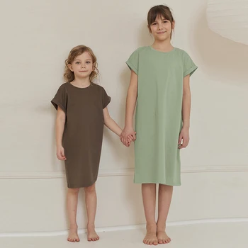 Летнее новое платье-футболка с коротким рукавом для девочек 95% Хлопок 5% спандекс, однотонные повседневные свободные платья, детская одежда TZ276