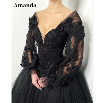 Вечернее платье с кружевной вышивкой Amanda в готическом стиле с пышными рукавами, черное платье для выпускного вечера 2023, Сексуальное вечернее платье на шнуровке