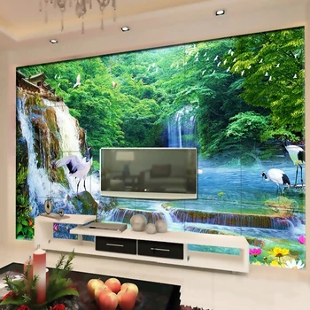Пользовательские 3D фрески Обои Зеленый лес Водопад Пейзаж Фото Обои Ткань Гостиная телевизор Диван Классический домашний декор Обои 3 D