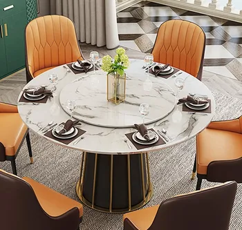 Обеденный стол с круглой мраморной столешницей с ножкой Lazy Susan, черно-золотой, обеденный стол, 59 