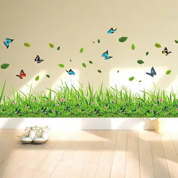 Зеленая трава, Бабочки, цветы, плинтус, ПВХ наклейка на стену, декор для дома