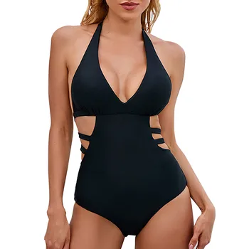 Черный купальник Женский Модный Полый Сексуальный купальник-бикини с бретельками на спине, купальник с высокой талией и вырезом, купальный костюм Fat Bikini