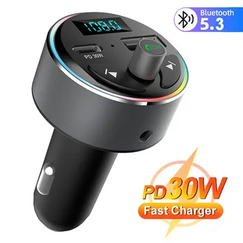 BT5.3 Громкая Связь Беспроводной Bluetooth Автомобильный Адаптер FM MP3 Аудиоприемник USB Передатчик PD 30 Вт Быстрое Зарядное Устройство Автомобильный Модулятор RGB Света