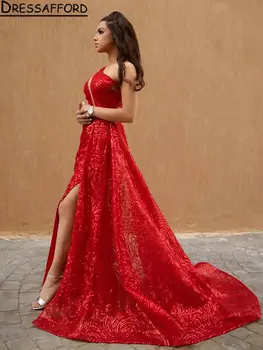 Красные ленты на одно плечо Вечерние платья Русалки из Дубая С разрезом сбоку, расшитые блестками и бисером, Официальное вечернее платье из Саудовской Аравии