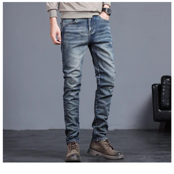 Новые модные мужские узкие джинсы, джинсовые брюки, мужские 27-36, осенне-зимние мужские джинсы, винтажные синие однотонные эластичные классические джинсы