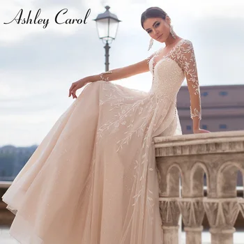 Свадебное платье А-силуэта Ashley Carol 2022 с длинным рукавом, романтическое свадебное платье принцессы с блестящими аппликациями и открытой спиной, Vestido De Novia