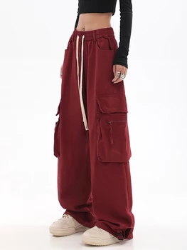 Женские повседневные брюки-карго с карманами 2023, Корейская версия, Модные Свободные Полные Женские прямые брюки, повседневные Женские брюки с высокой талией