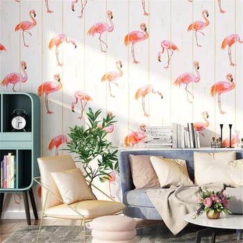 В скандинавском стиле, Розовые Обои с Фламинго, Фоновая стена для спальни, гостиной, Современные Минималистичные Обои в полоску из дерева