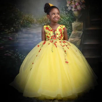Желтые тюлевые платья для девочек в цветочек Праздничное платье принцессы для Первого причастия на День рождения